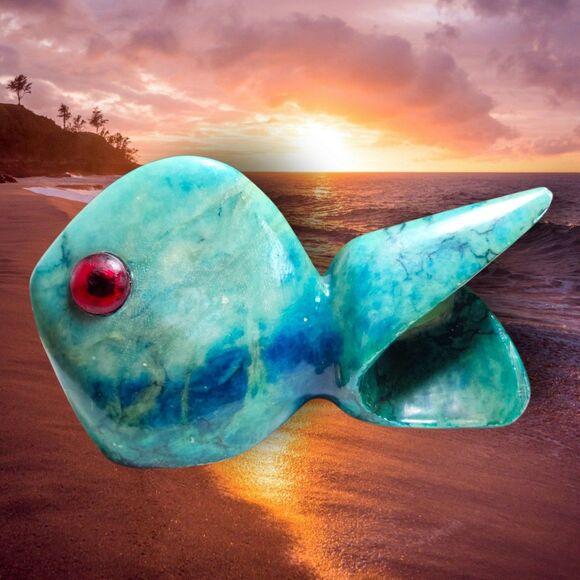 MCM Style Blue Stone Fish Figurine Chrysocolla Look Red Eyes Unique Decor Rare - Picture 2 of 12